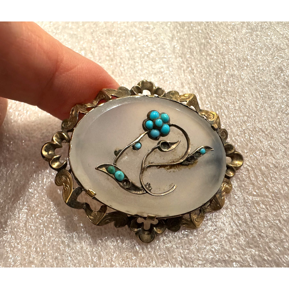 Antique Chalcedony Pinchbeck Brooch Pin w Turquoise Beads Floral Mourning Oval